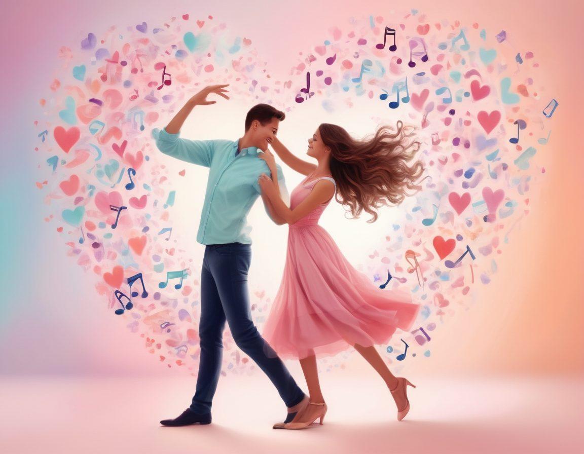 A whimsical scene featuring a diverse couple engaging in a playful dance, surrounded by swirling hearts and soft pastel colors. The background includes subtle hints of affectionate gestures like hand-holding and smiling eyes, symbolizing connection and bonding. The atmosphere is light and playful, with musical notes floating in the air, capturing the essence of flirtation. Art style: vibrant colors, soft-focus, whimsical illustration.