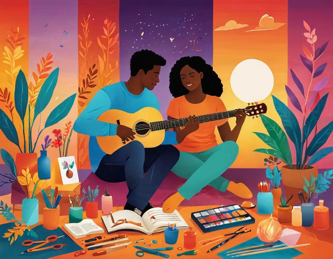A warm, inviting illustration of diverse couples engaged in various creative activities together, surrounded by vibrant colors symbolizing passion and connection. Include elements like art supplies, musical instruments, and nature in the background, representing harmony and support. Soft, glowing light to add a sense of warmth and intimacy. vector art. vibrant colors. soft background.