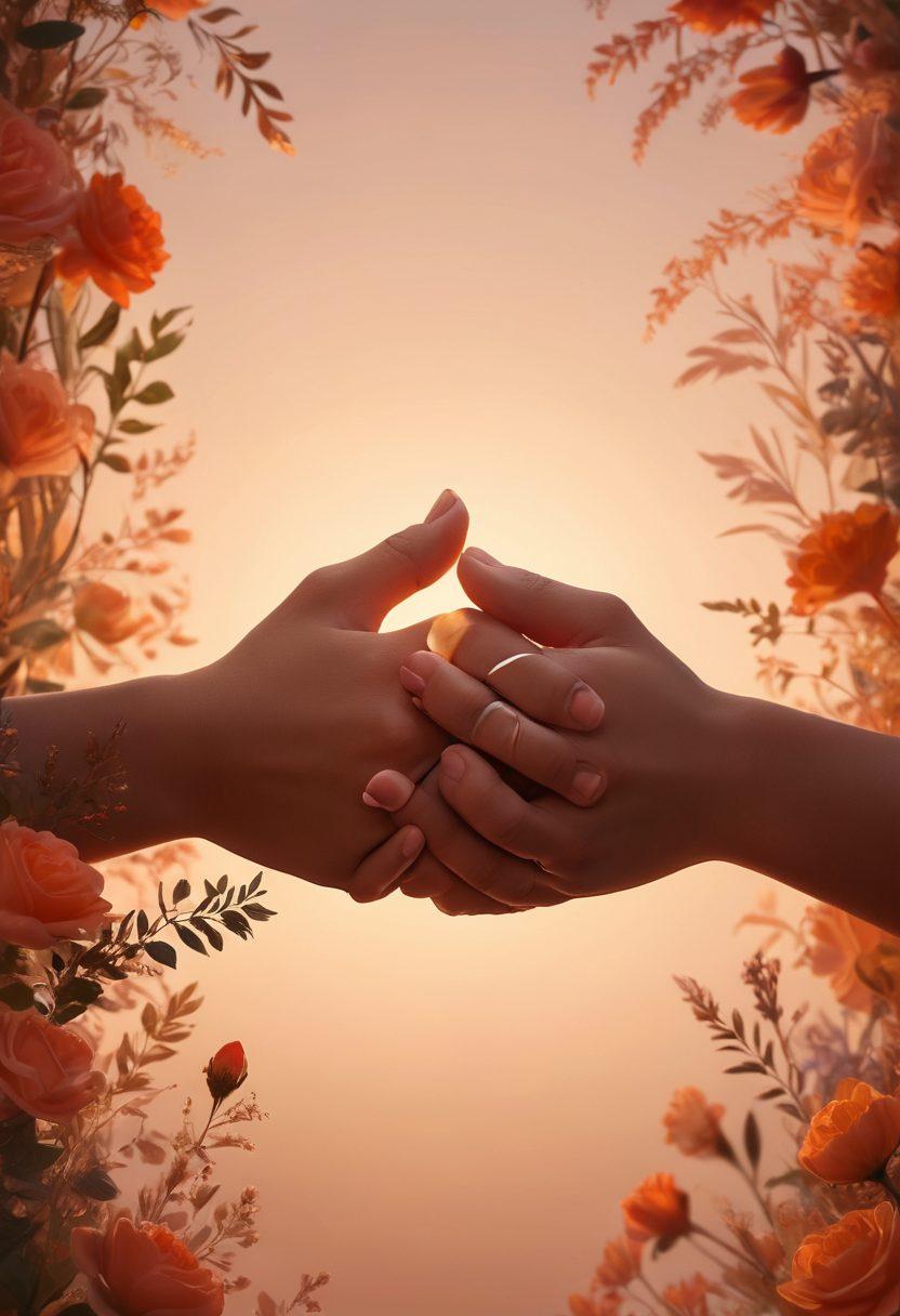 A beautifully intertwined pair of hands symbolizing deep connection, surrounded by soft floral elements and warm glows of light. In the background, subtle silhouettes of couples enjoying moments together, representing courtship and commitment. The color palette is warm and inviting, evoking feelings of love and fondness. super-realistic. vibrant colors. soft-focus background.